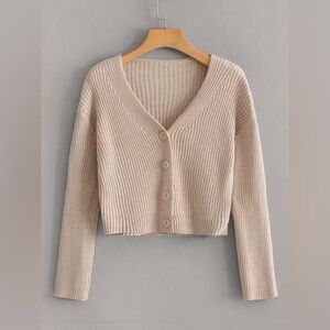 Shein Button Front Rib-knit Solid Cardigan